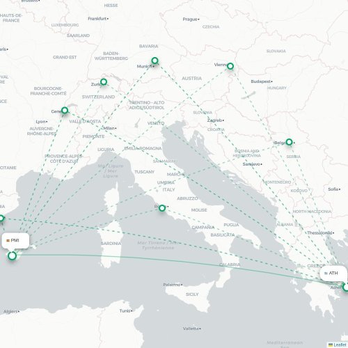 Mapa de vuelo directo Atenas - Palma