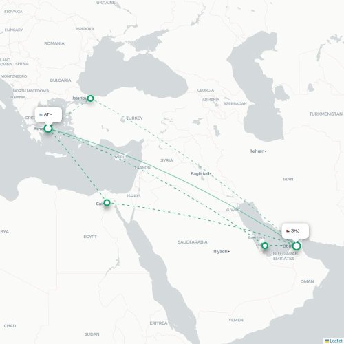 Mapa de vuelo directo Atenas - Sharjah