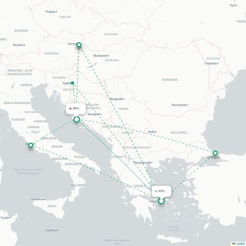 Mapa lotu bezpośredniego Ateny – Split