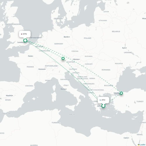 Mapa de vuelo directo Atenas - Londres