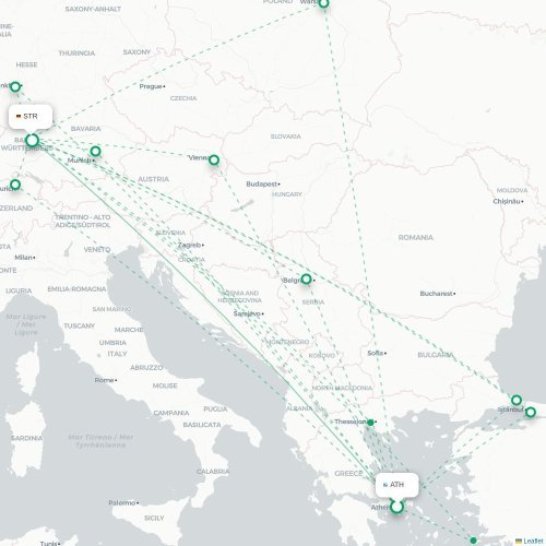 Mapa de vuelo directo Atenas - Stuttgart