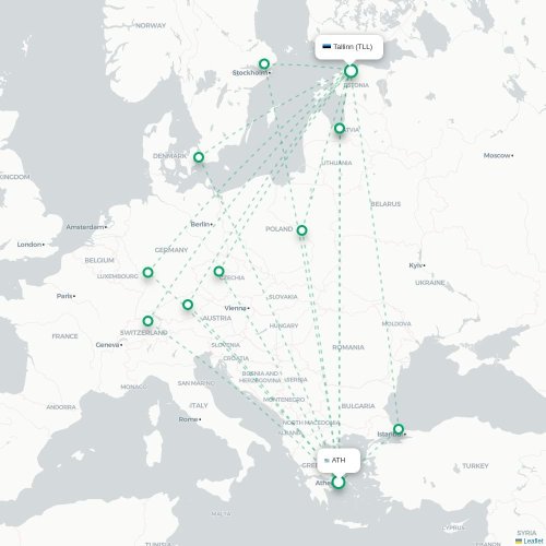 Mapa lotu bezpośredniego Ateny – Tallin