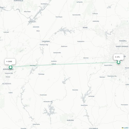 Mapa de vuelo directo Atlanta - Birmingham
