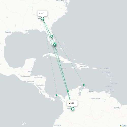 Mapa de vuelo directo Atlanta - Bogotá
