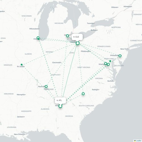 Mapa lotu bezpośredniego Atlanta – Cleveland