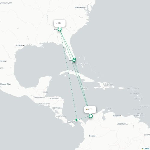 Mapa de vuelo directo Atlanta - Cartagena de Indias