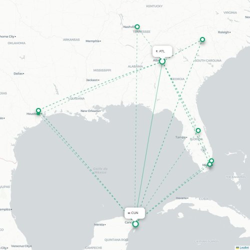 Atlanta - Cancun karta över direktflyg