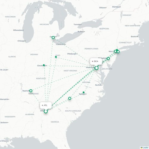 Mapa de vuelo directo Atlanta - Washington D. C.