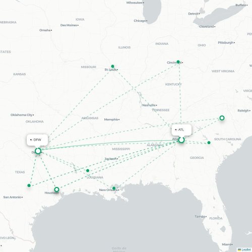 Mapa de vuelo directo Atlanta - Dallas