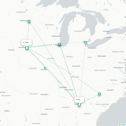 Atlanta - Des Moines kort over direkte fly