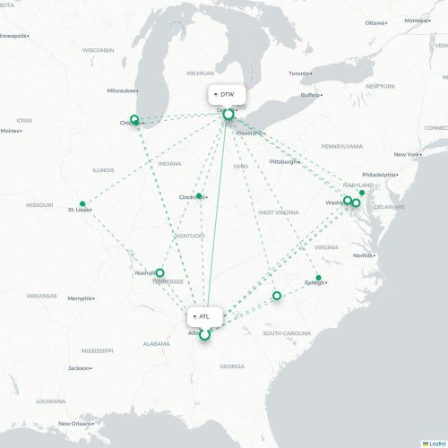Mapa lotu bezpośredniego Atlanta – Detroit