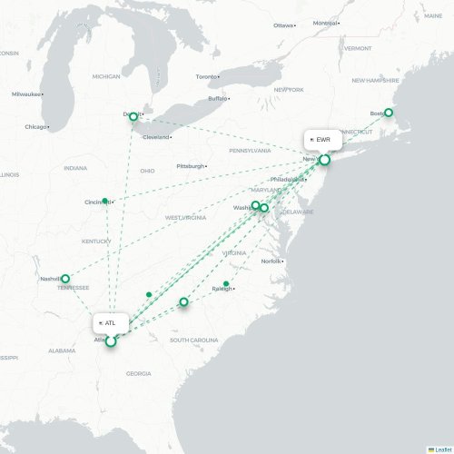 Mapa de vuelo directo Atlanta - Newark