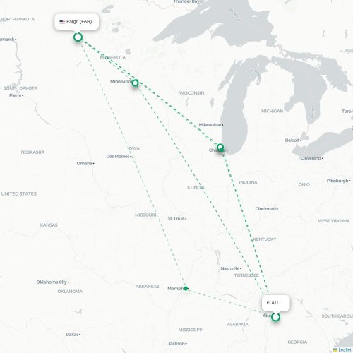 Mapa de vuelo directo Atlanta - Fargo
