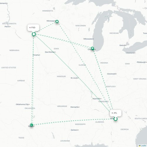 Mapa de vuelo directo Atlanta - Sioux Falls