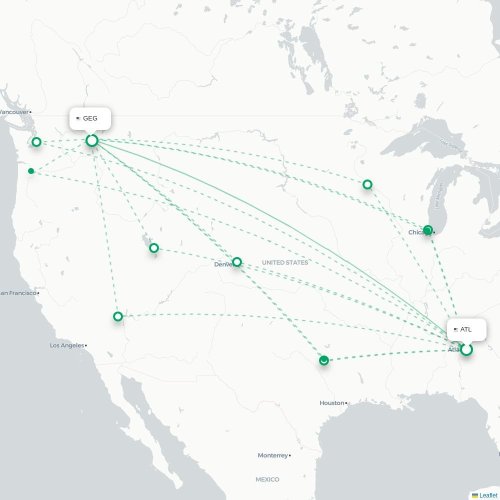 Mapa de vuelo directo Atlanta - Spokane