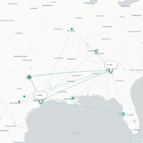 Mapa de vuelo directo Atlanta - Houston