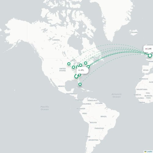 Mapa de vuelo directo Atlanta - Londres