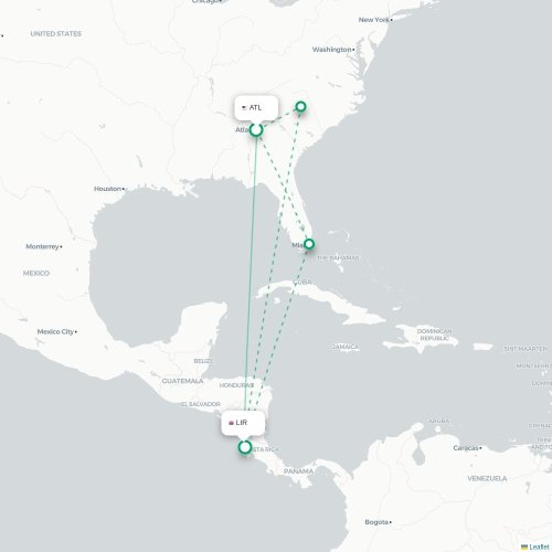 Mapa de vuelo directo Atlanta - Liberia