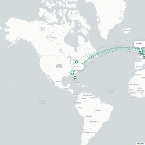 Mapa de vuelo directo Atlanta - Mánchester