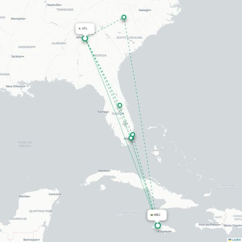 Mapa de vuelo directo Atlanta - Bahía Montego