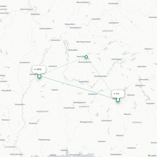 Mapa de vuelo directo Atlanta - Memphis