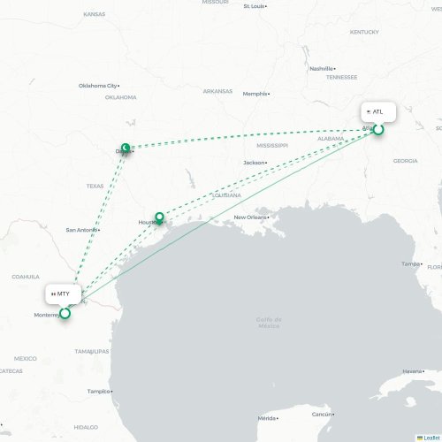 Atlanta - Monterrey karta över direktflyg