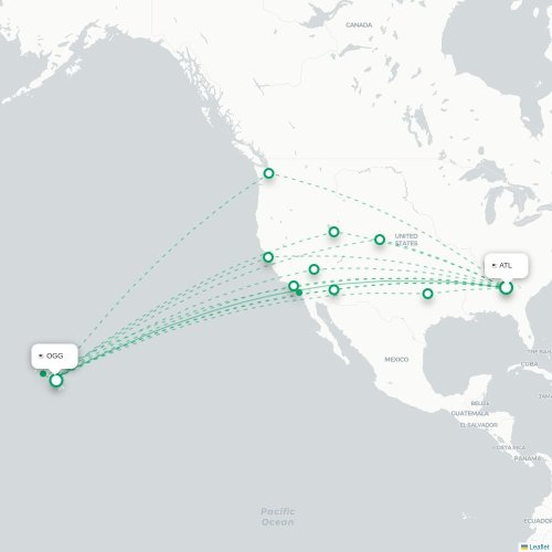 Mapa de vuelo directo Atlanta - Kahului