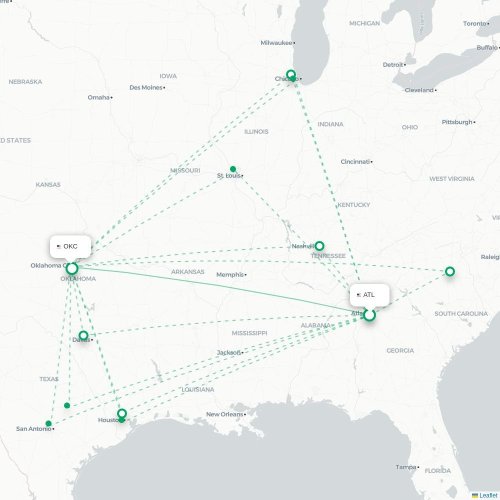 Mapa de vuelo directo Atlanta - Oklahoma City