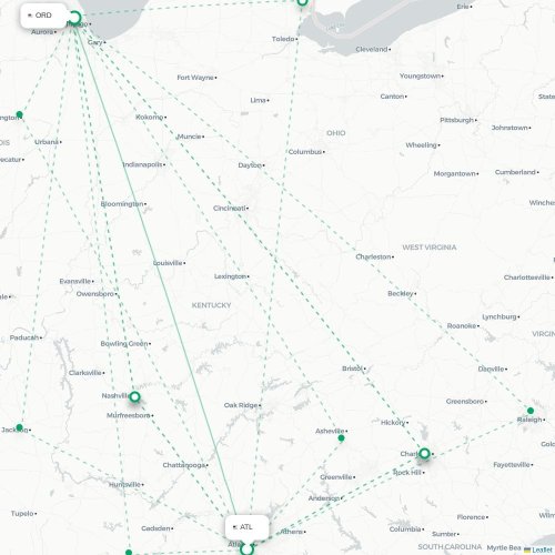 Mapa de vuelo directo Atlanta - Chicago