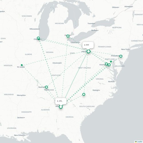 Mapa lotu bezpośredniego Atlanta – Pittsburgh