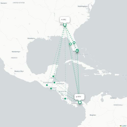 Mapa de vuelo directo Atlanta - Ciudad de Panamá