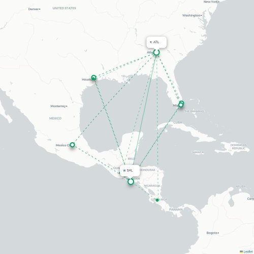 Mapa lotu bezpośredniego Atlanta – San Salwador