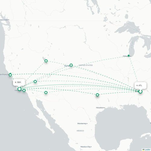 Mapa lotu bezpośredniego Atlanta – Santa Barbara