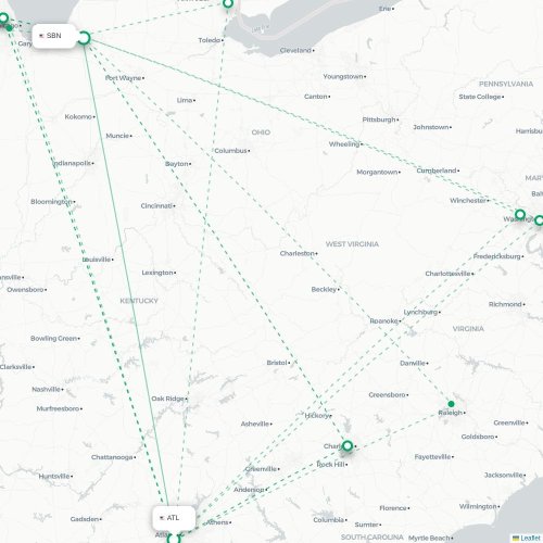 Mapa lotu bezpośredniego Atlanta – South Bend