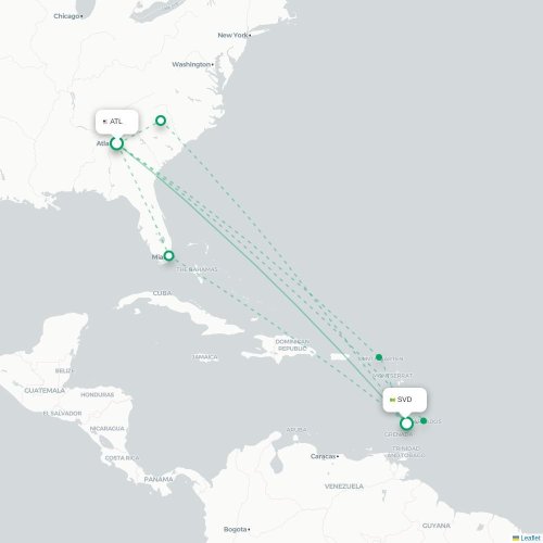 Mapa de vuelo directo Atlanta - Kingstown