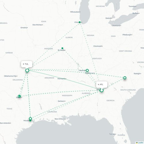Atlanta - Tulsa kort over direkte fly