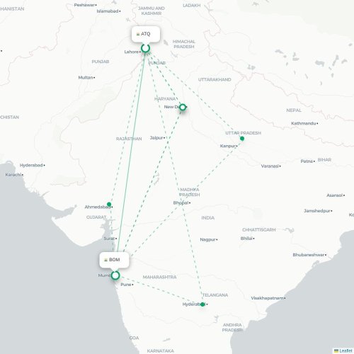 Mapa de vuelo directo Amritsar - Bombay