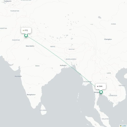 Amritsar – Bangkok suoran lennon kartta