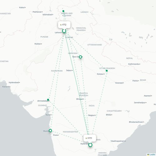 Mapa de vuelo directo Amritsar - Hyderabad