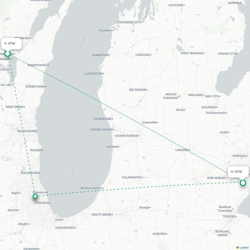 Mapa lotu bezpośredniego Appleton – Detroit
