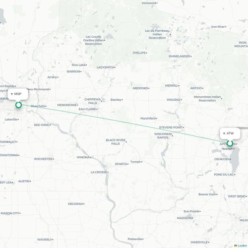 Mapa lotu bezpośredniego Appleton – Minneapolis