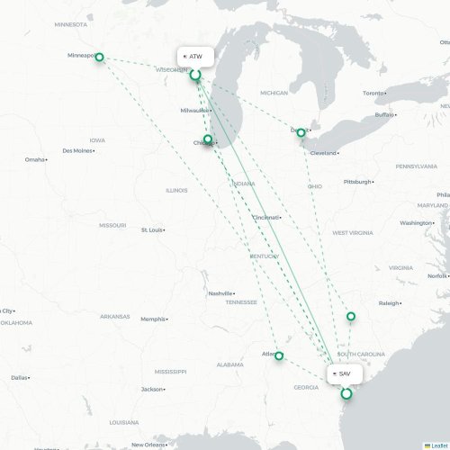 Mapa lotu bezpośredniego Appleton – Savannah