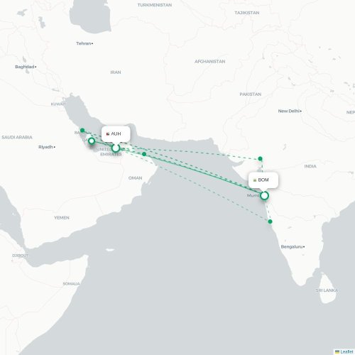 Mapa de vuelo directo Abu Dabi - Bombay