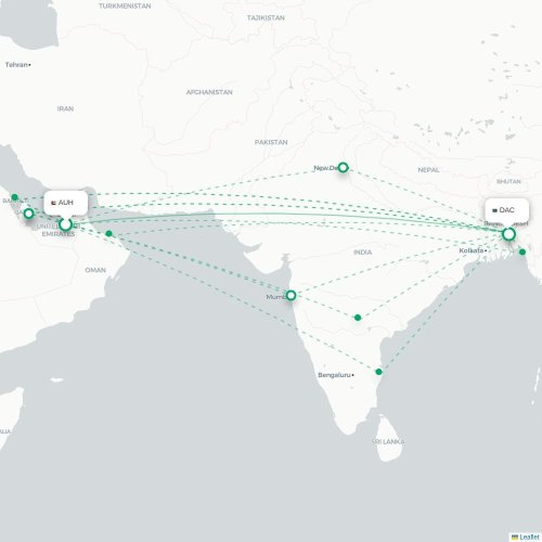 Abu Dhabi - Dhaka kaart van rechtstreekse vlucht