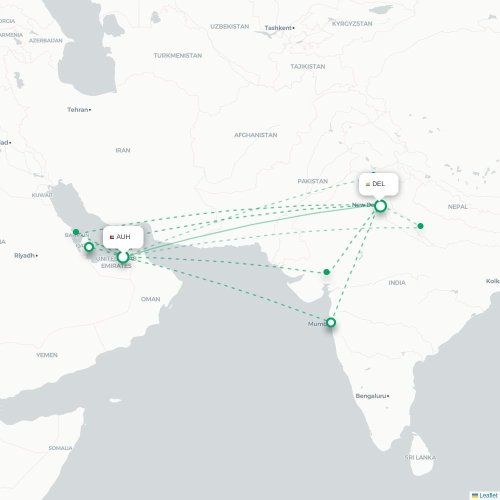 Mapa de vuelo directo Abu Dabi - Nueva Delhi