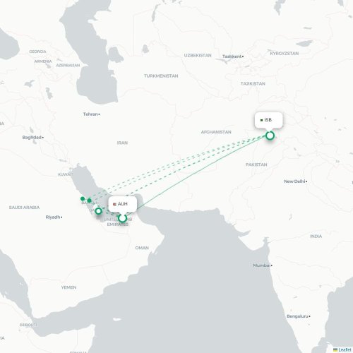 Mapa de vuelo directo Abu Dabi - Islamabad
