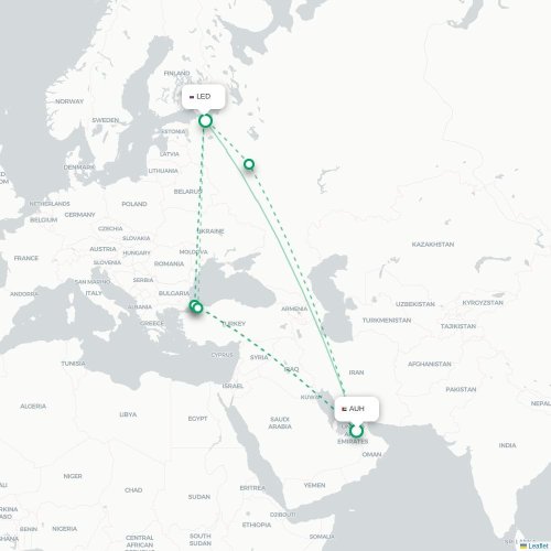 Mapa de vuelo directo Abu Dabi - San Petersburgo