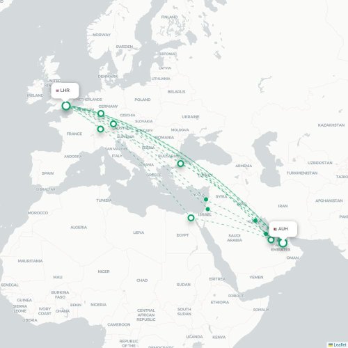 Mapa de vuelo directo Abu Dabi - Londres