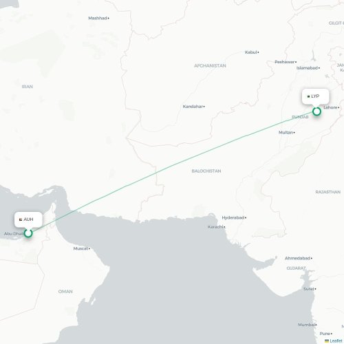 Mapa de vuelo directo Abu Dabi - Faisalābād