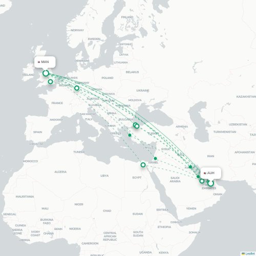 Mapa de vuelo directo Abu Dabi - Mánchester